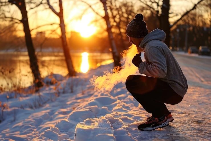 Coureur accroupi dans la neige, soufflant dans l
